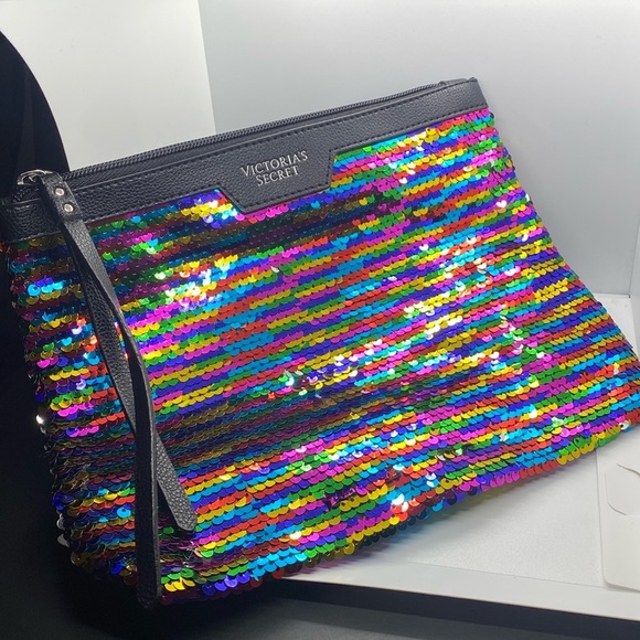 Victoria’s Secret Rainbow Sequin/Black Faux Pebbled Leather Cosmetic Bag/NWOT - Picture 1 of 5